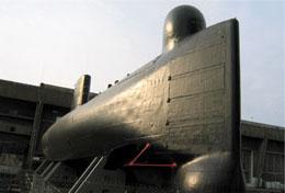 French submarine Flore between Keroman 1 and Keroman 2 bunkers